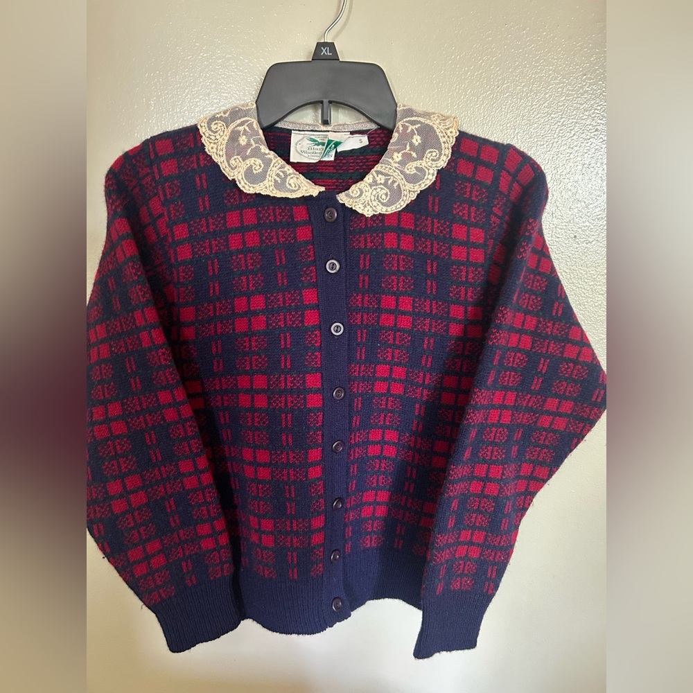 Vintage Plaid Blarney Wool Cardigan Made In Ireland Size Small Lace Collard
